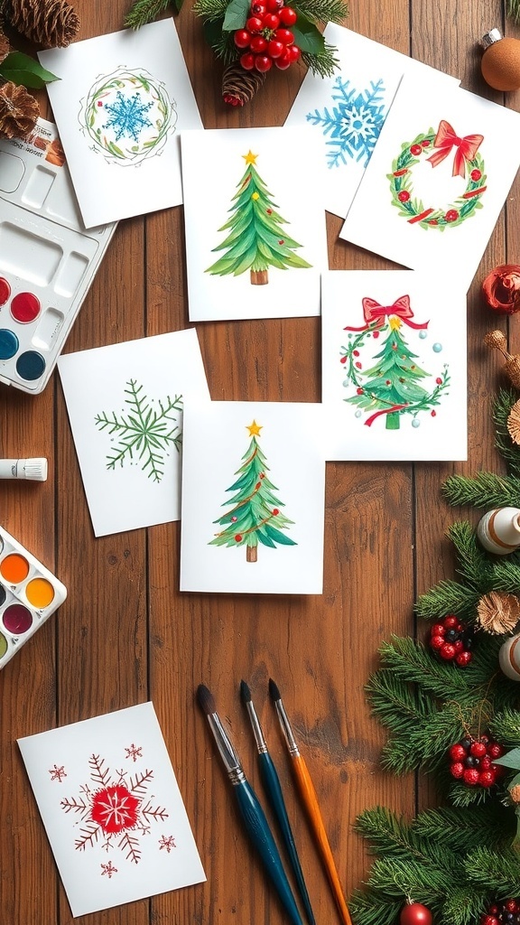 A variety of watercolor Christmas cards with festive designs on a wooden table.